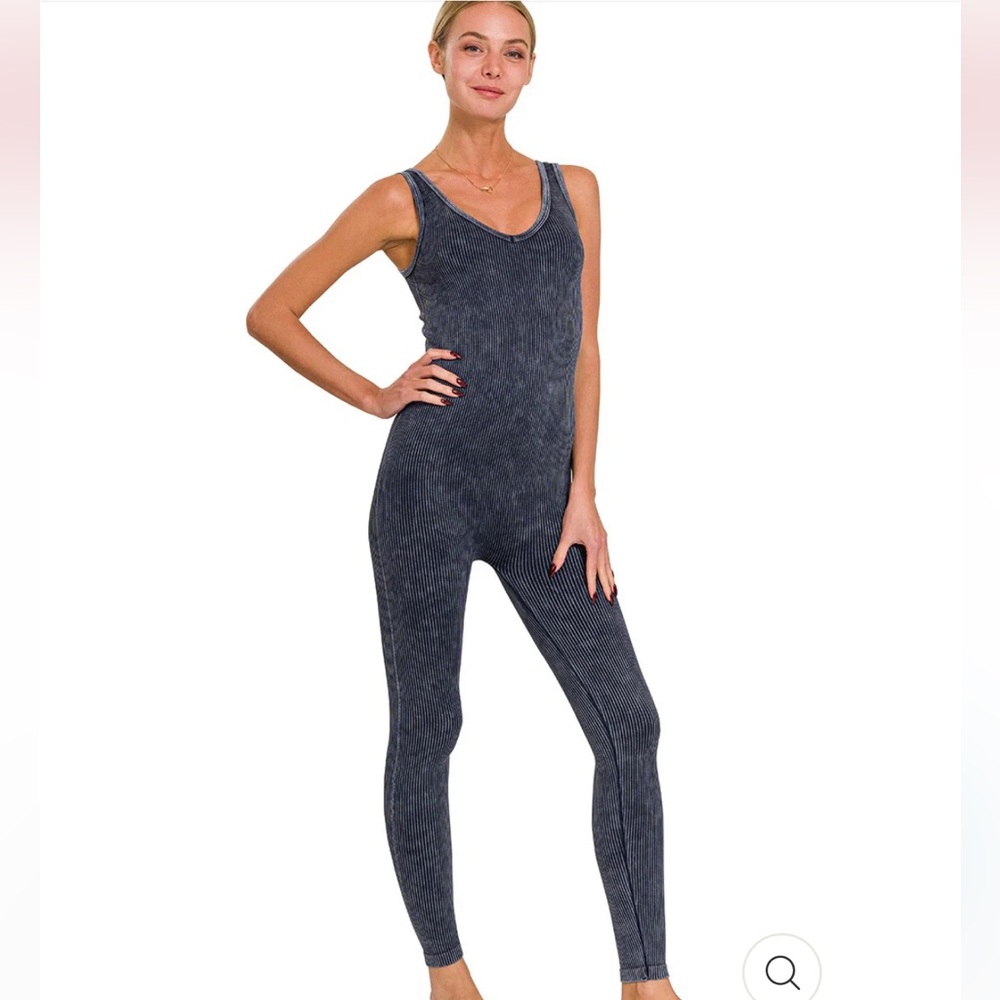 Zenana Stone Washed Ribbed Seamless Sport Romper Full Body Bodysuit Yoga S/M - Picture 2 of 4